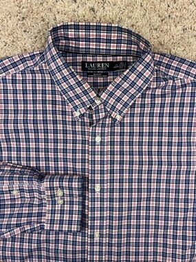 Lauren Ralph Lauren Slim Fit Stretch L/S Dress Shirt Blue White Red Check Cotton